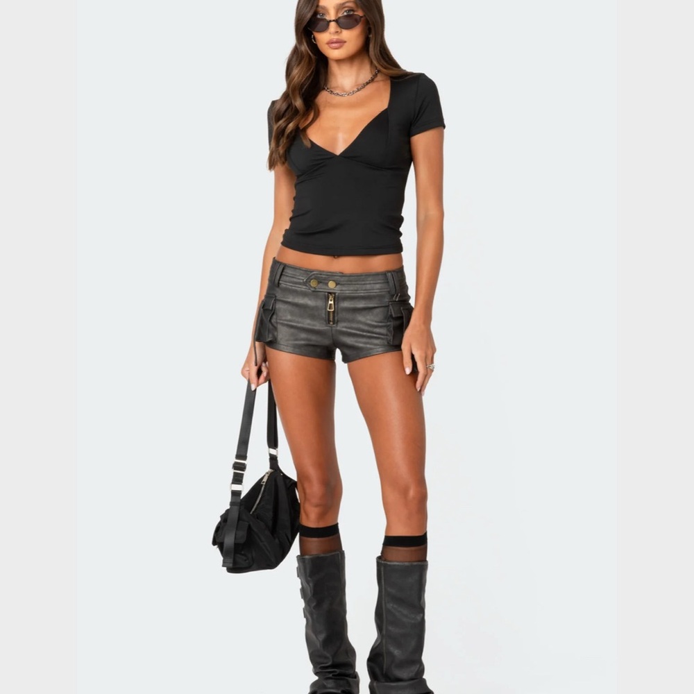 Black Washed Faux Leather Shorts XS